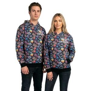 A holes Live Forever Large Unisex Hoodie | Mushroom Trip | Psychedelic | EUC